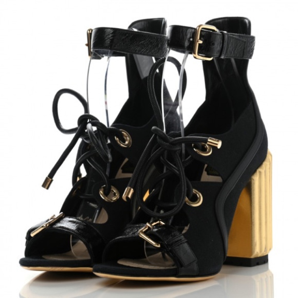 CHRISTIAN DIOR wide gold heel lace up boots 37.5
